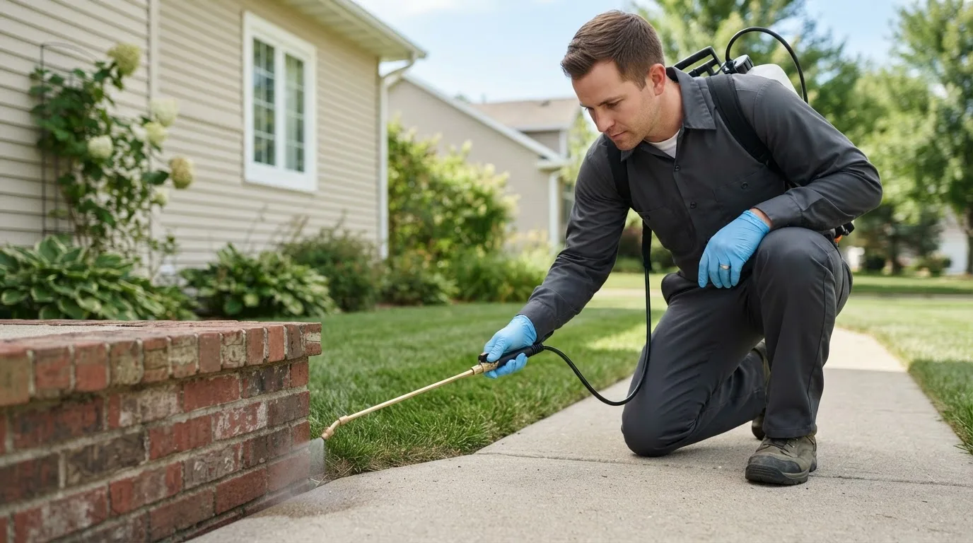 Pest control technician treating a home near Castleberry, AL